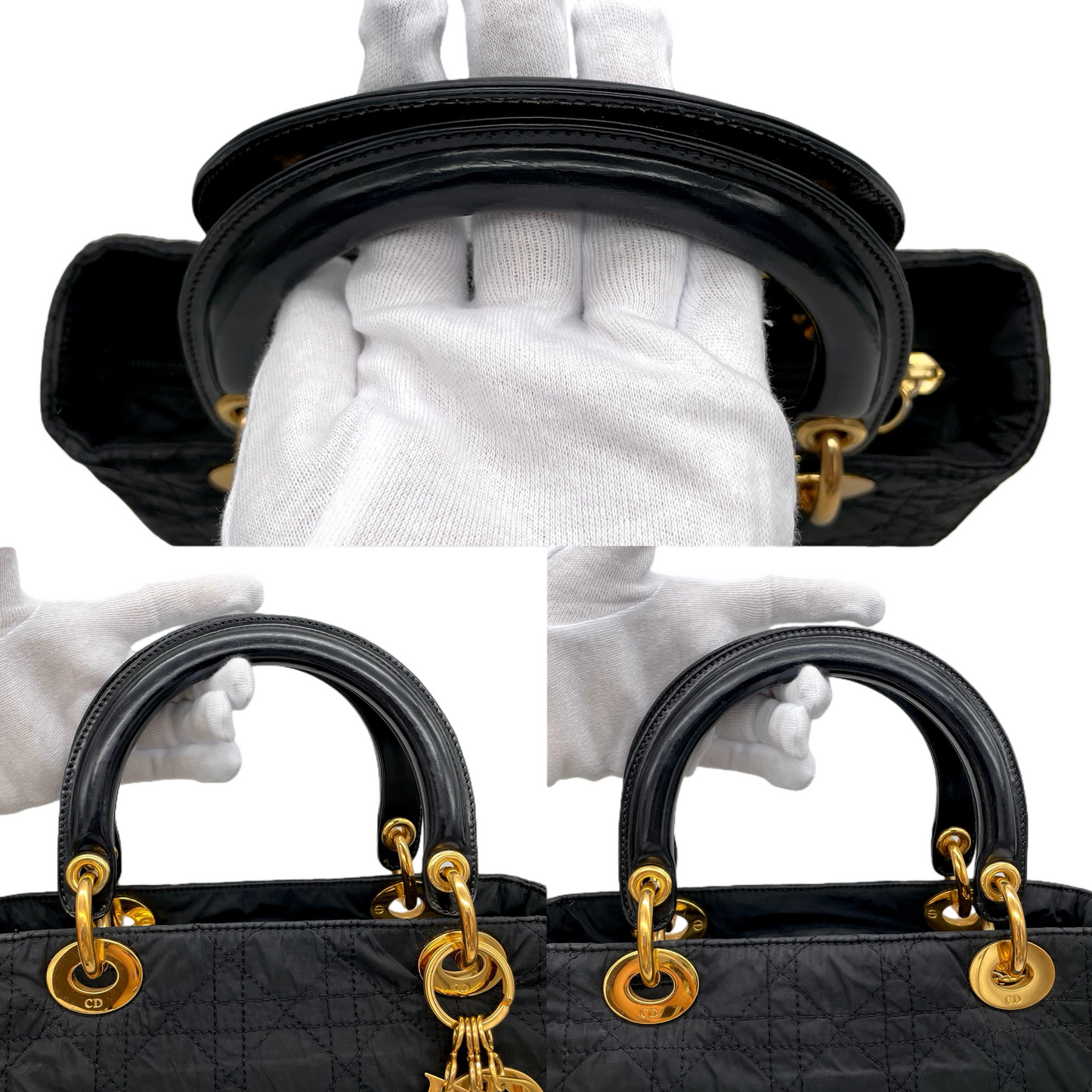 CHRISTIAN DIOR Lady-Dior Cannage Nylon Patent Leather Charm Top Handle Bag Medium Black Gold
