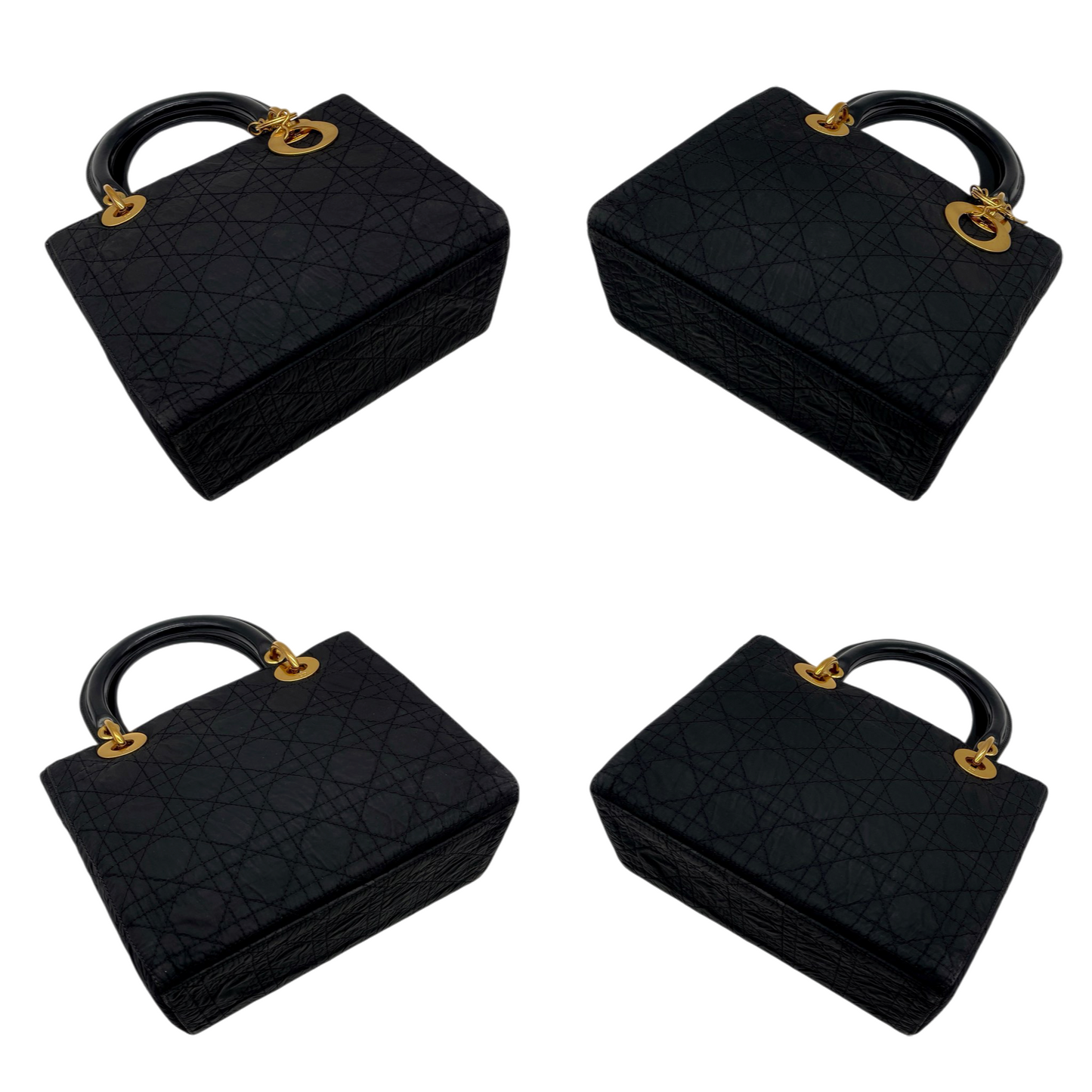 CHRISTIAN DIOR Lady-Dior Cannage Nylon Patent Leather Charm Top Handle Bag Medium Black Gold