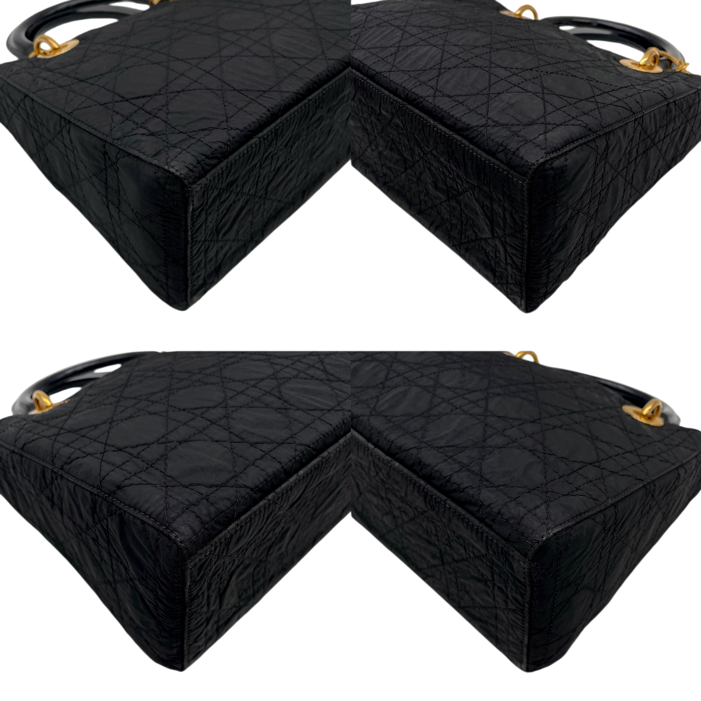 CHRISTIAN DIOR Lady-Dior Cannage Nylon Patent Leather Charm Top Handle Bag Medium Black Gold