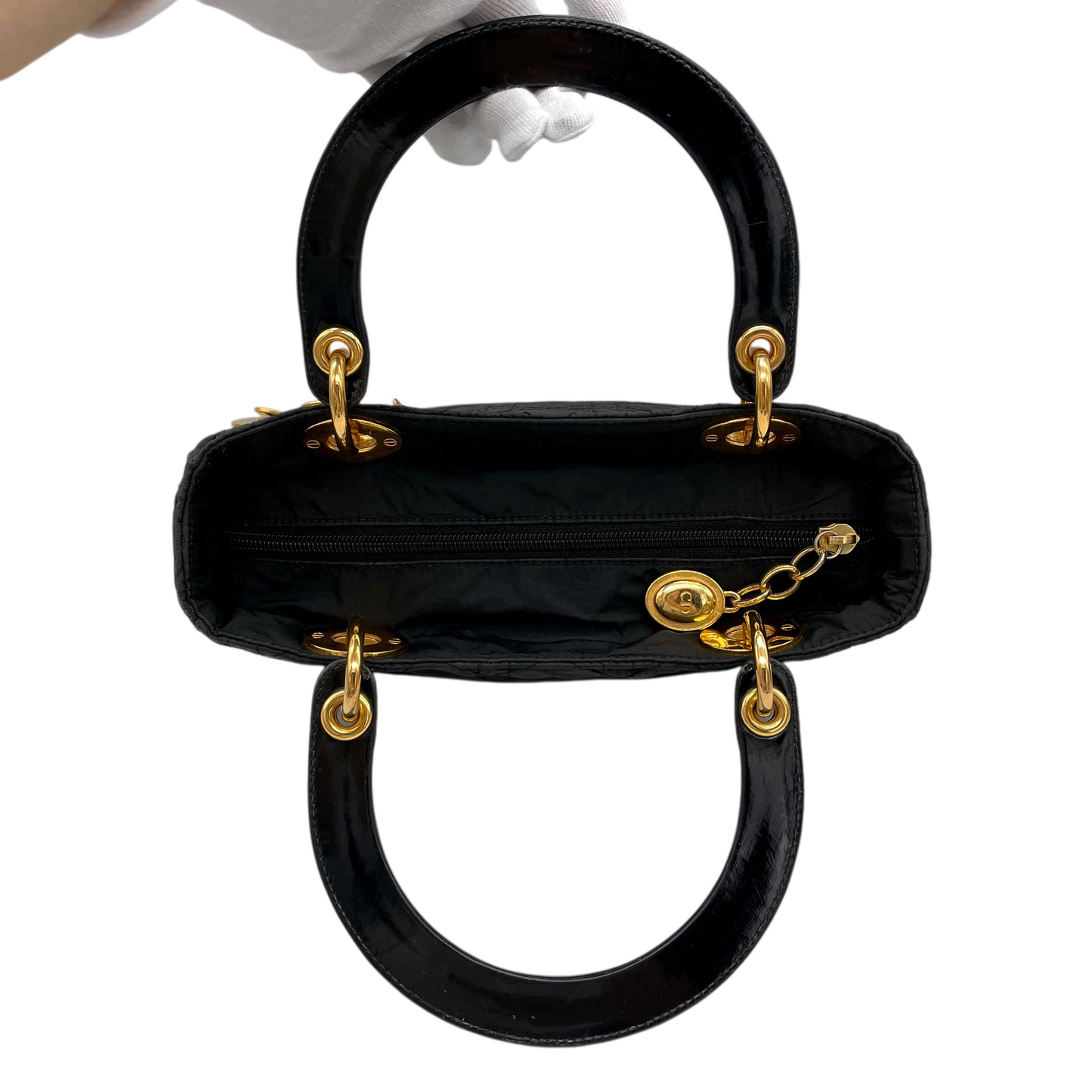 CHRISTIAN DIOR Lady-Dior Cannage Nylon Patent Leather Charm Top Handle Bag Medium Black Gold