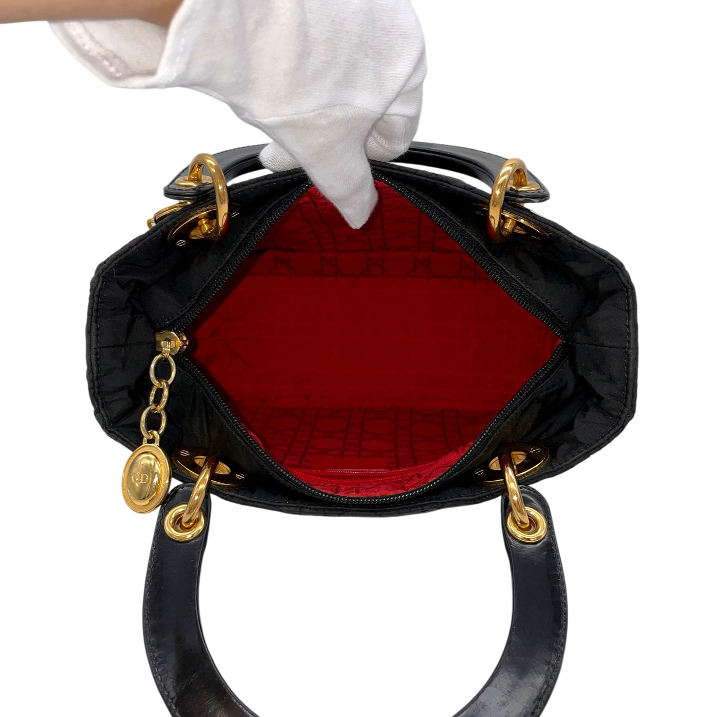 CHRISTIAN DIOR Lady-Dior Cannage Nylon Patent Leather Charm Top Handle Bag Medium Black Gold