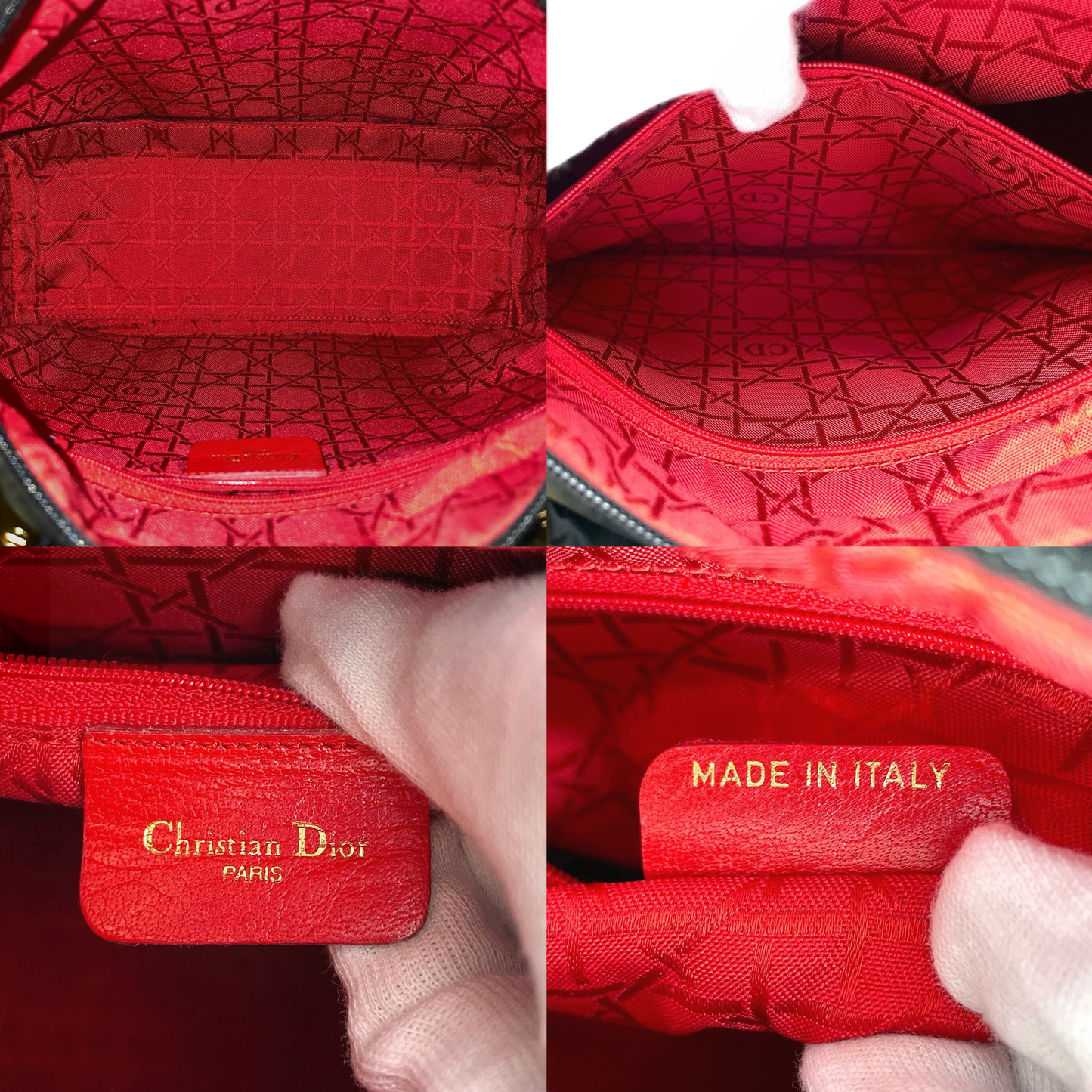 CHRISTIAN DIOR Lady-Dior Cannage Nylon Patent Leather Charm Top Handle Bag Medium Black Gold