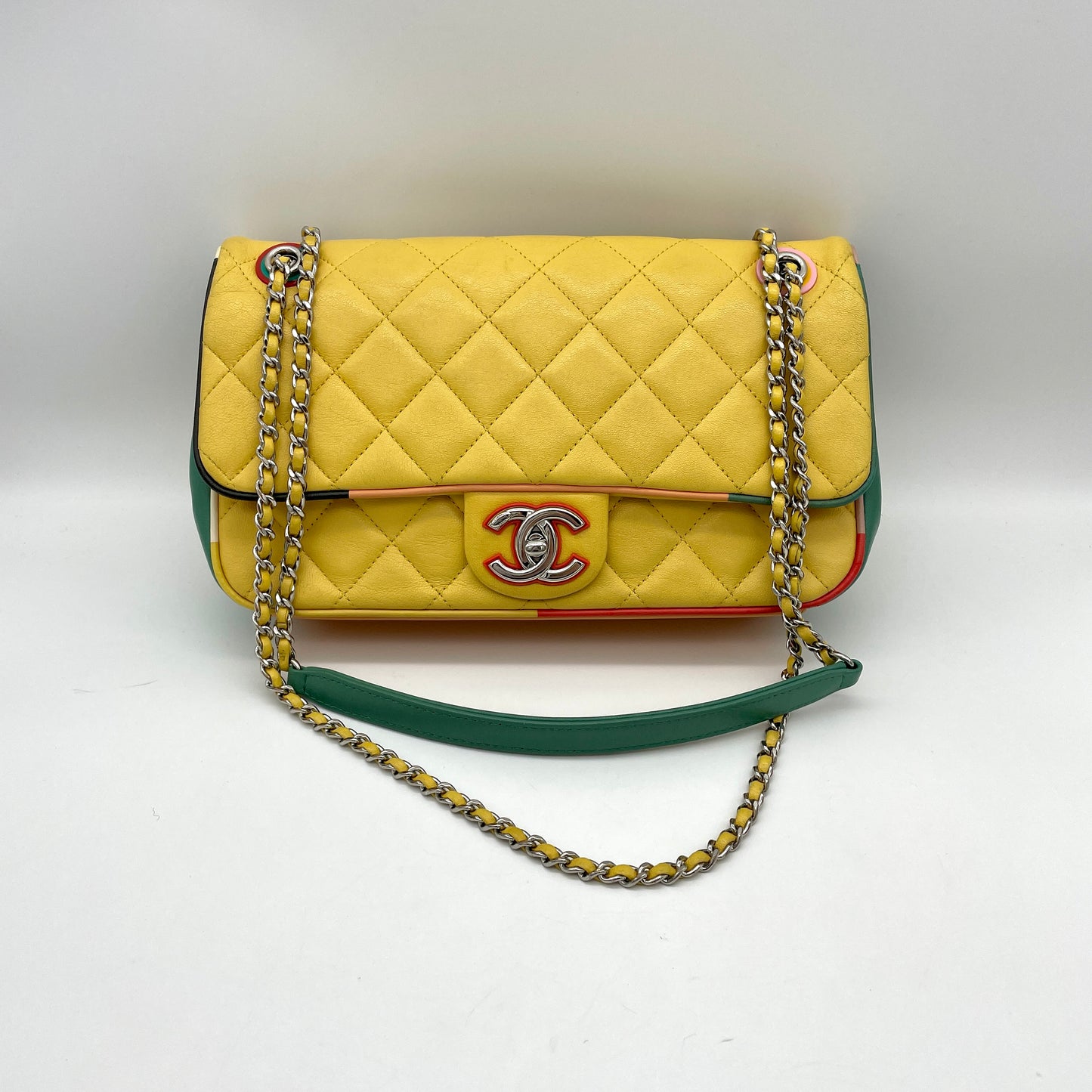 RARE☆☆☆CHANEL 31 RUE CAMBOM Matelasse Crack Single Flap W Chain Bag Yellow Multicolor SHW