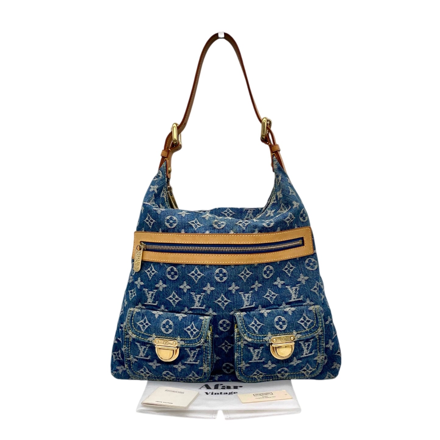 RARE★★★★LOUIS VUITTON 2005 Monogram Denim & Leather Baggy Shoulder Bag M95048 Large Blue & Brown
