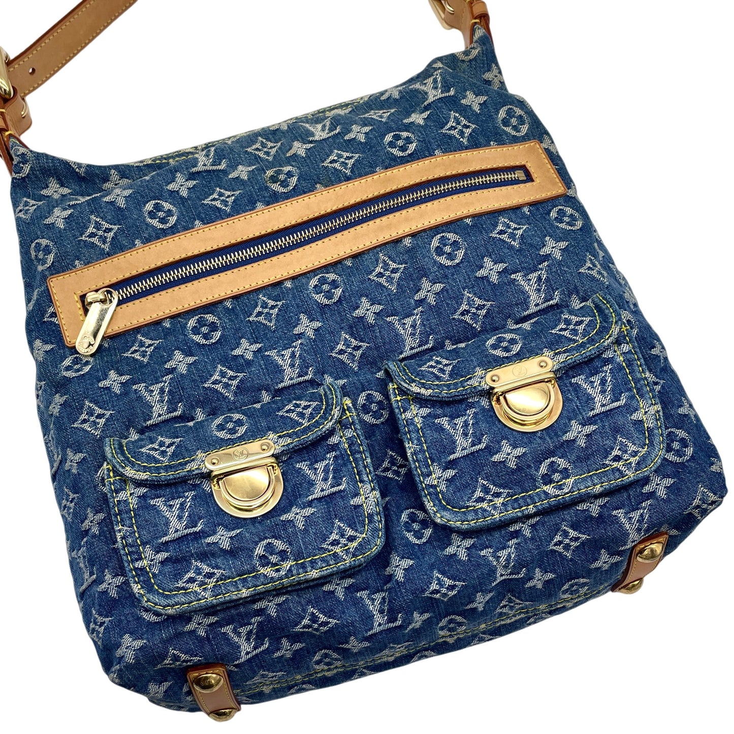 RARE★★★★LOUIS VUITTON 2005 Monogram Denim & Leather Baggy Shoulder Bag M95048 Large Blue & Brown