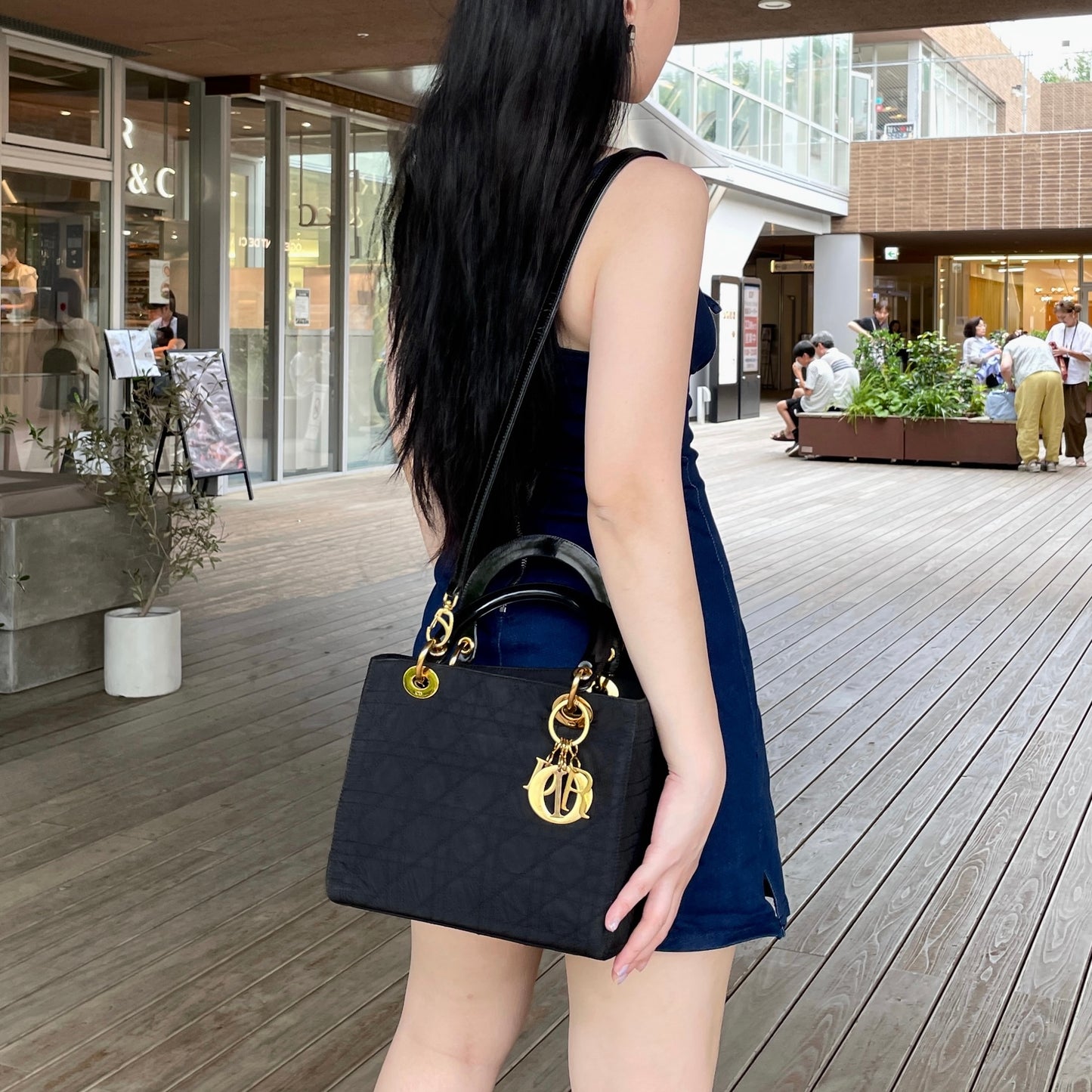 CHRISTIAN DIOR Lady-Dior Cannage Nylon Patent Leather Charm Top Handle Bag Medium Black Gold