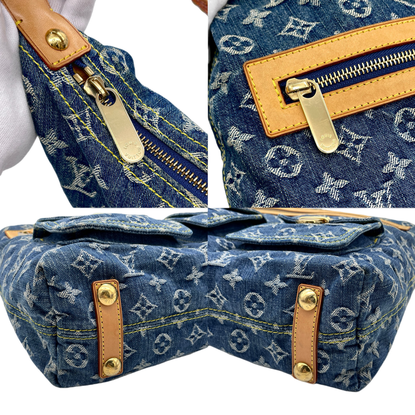 RARE★★★★LOUIS VUITTON 2005 Monogram Denim & Leather Baggy Shoulder Bag M95048 Large Blue & Brown