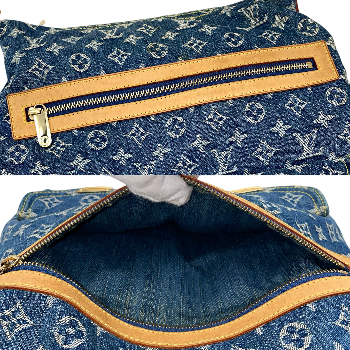 RARE★★★★LOUIS VUITTON 2005 Monogram Denim & Leather Baggy Shoulder Bag M95048 Large Blue & Brown