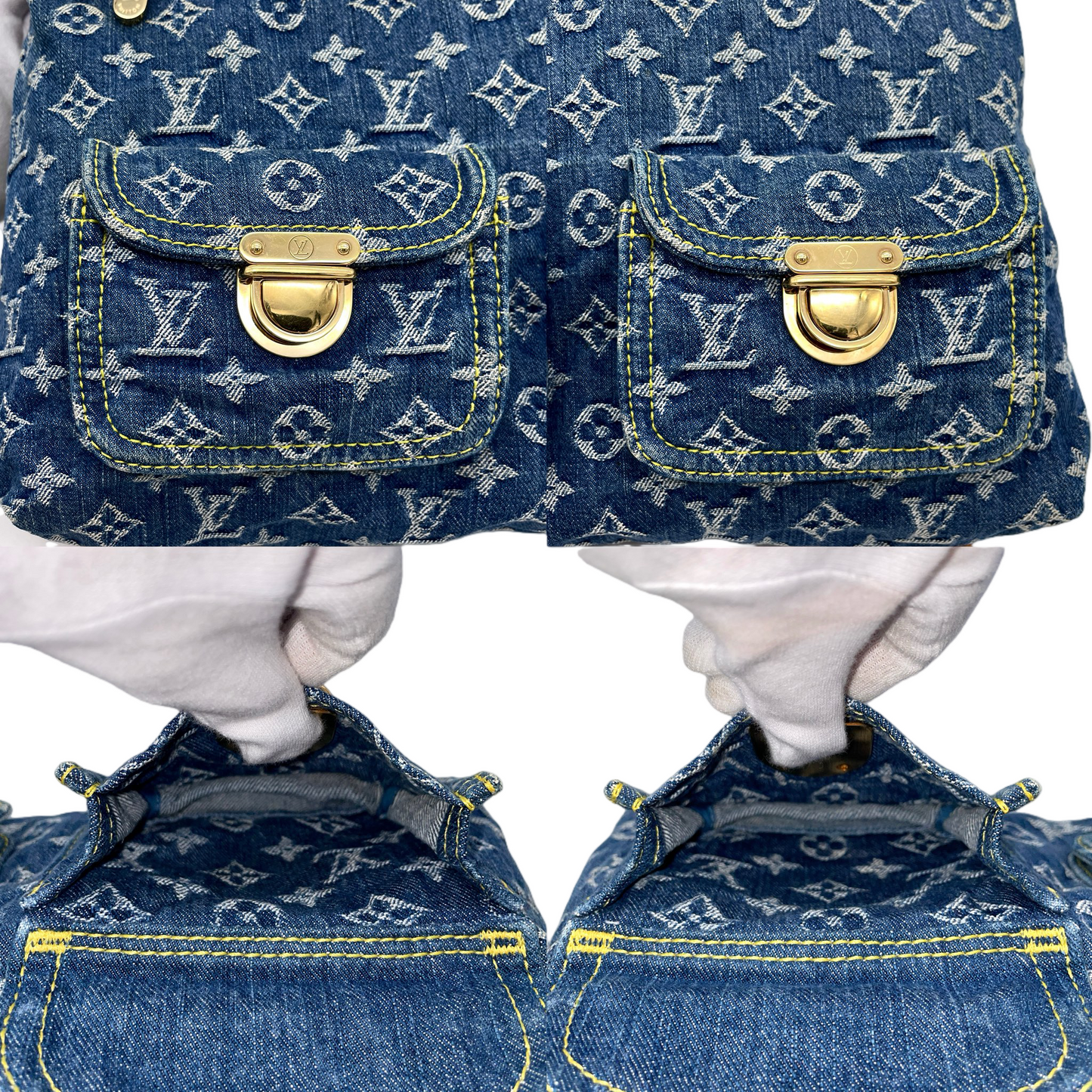 RARE★★★★LOUIS VUITTON 2005 Monogram Denim & Leather Baggy Shoulder Bag M95048 Large Blue & Brown
