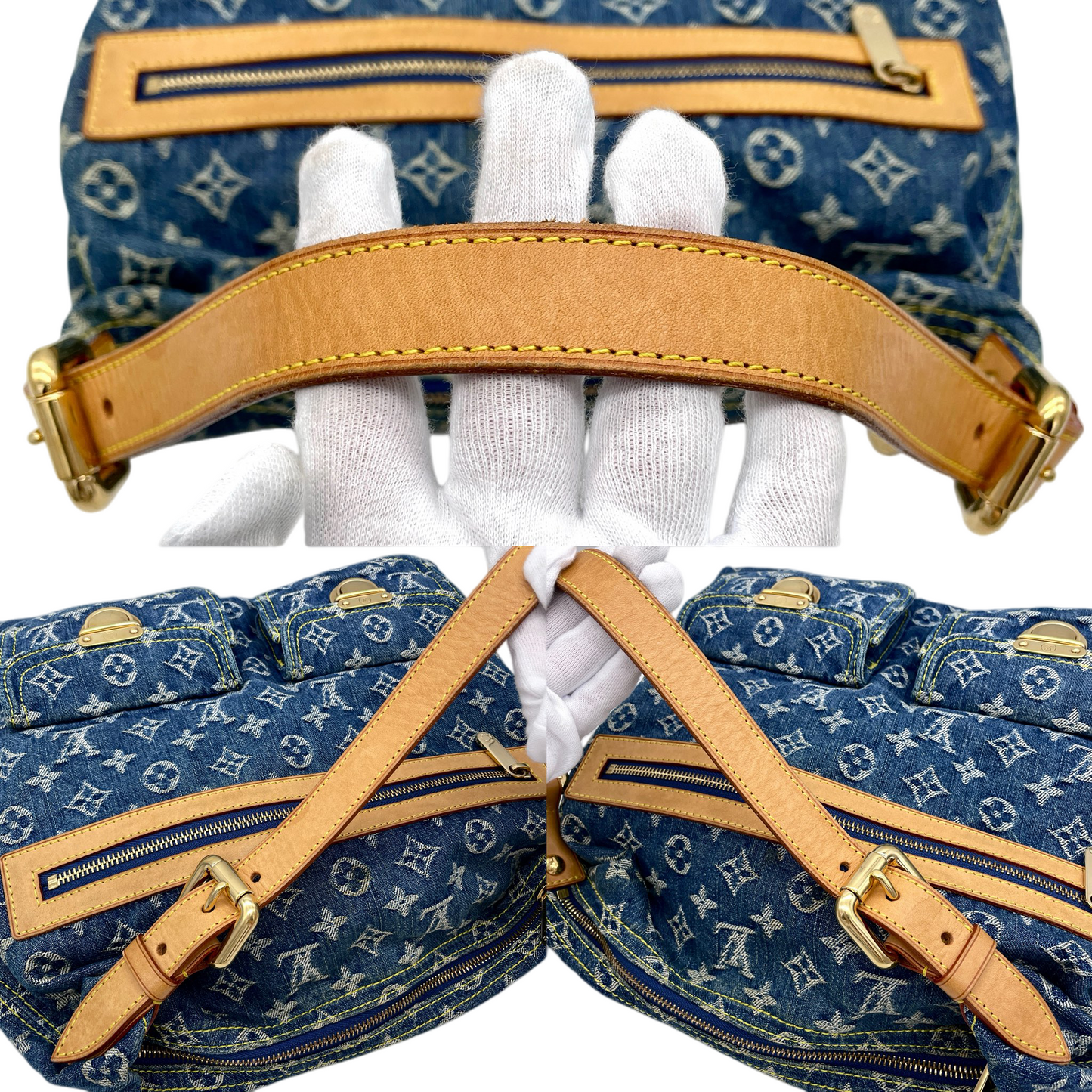 RARE★★★★LOUIS VUITTON 2005 Monogram Denim & Leather Baggy Shoulder Bag M95048 Large Blue & Brown