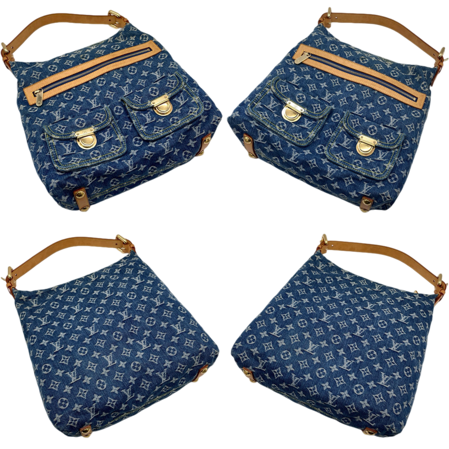 RARE★★★★LOUIS VUITTON 2005 Monogram Denim & Leather Baggy Shoulder Bag M95048 Large Blue & Brown