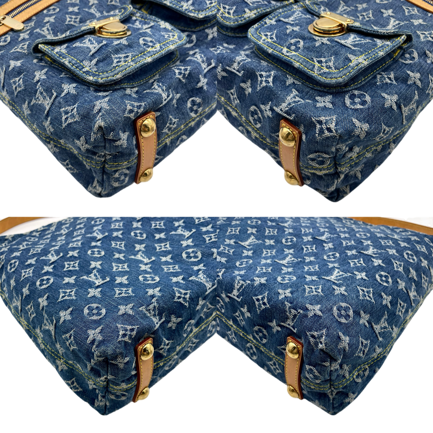 RARE★★★★LOUIS VUITTON 2005 Monogram Denim & Leather Baggy Shoulder Bag M95048 Large Blue & Brown