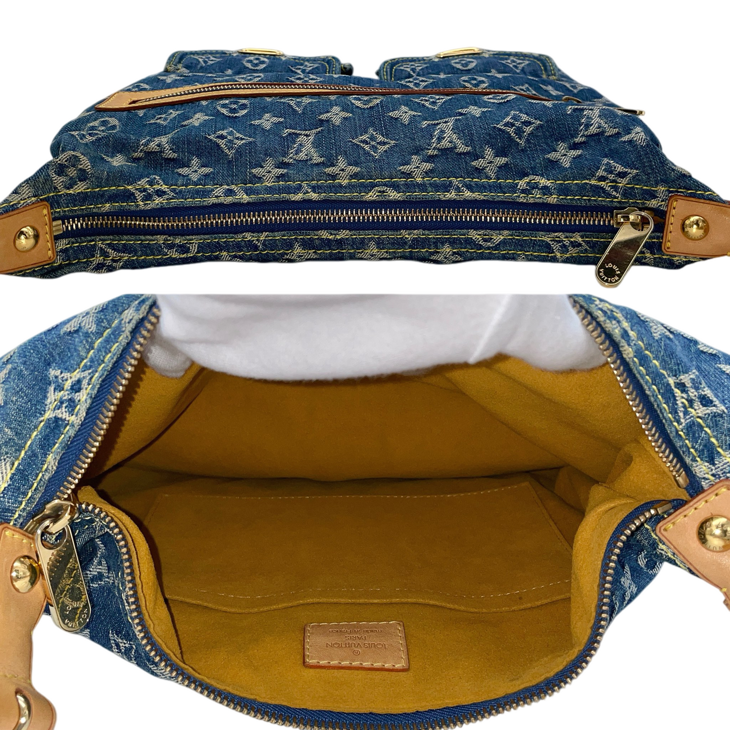 RARE★★★★LOUIS VUITTON 2005 Monogram Denim & Leather Baggy Shoulder Bag M95048 Large Blue & Brown