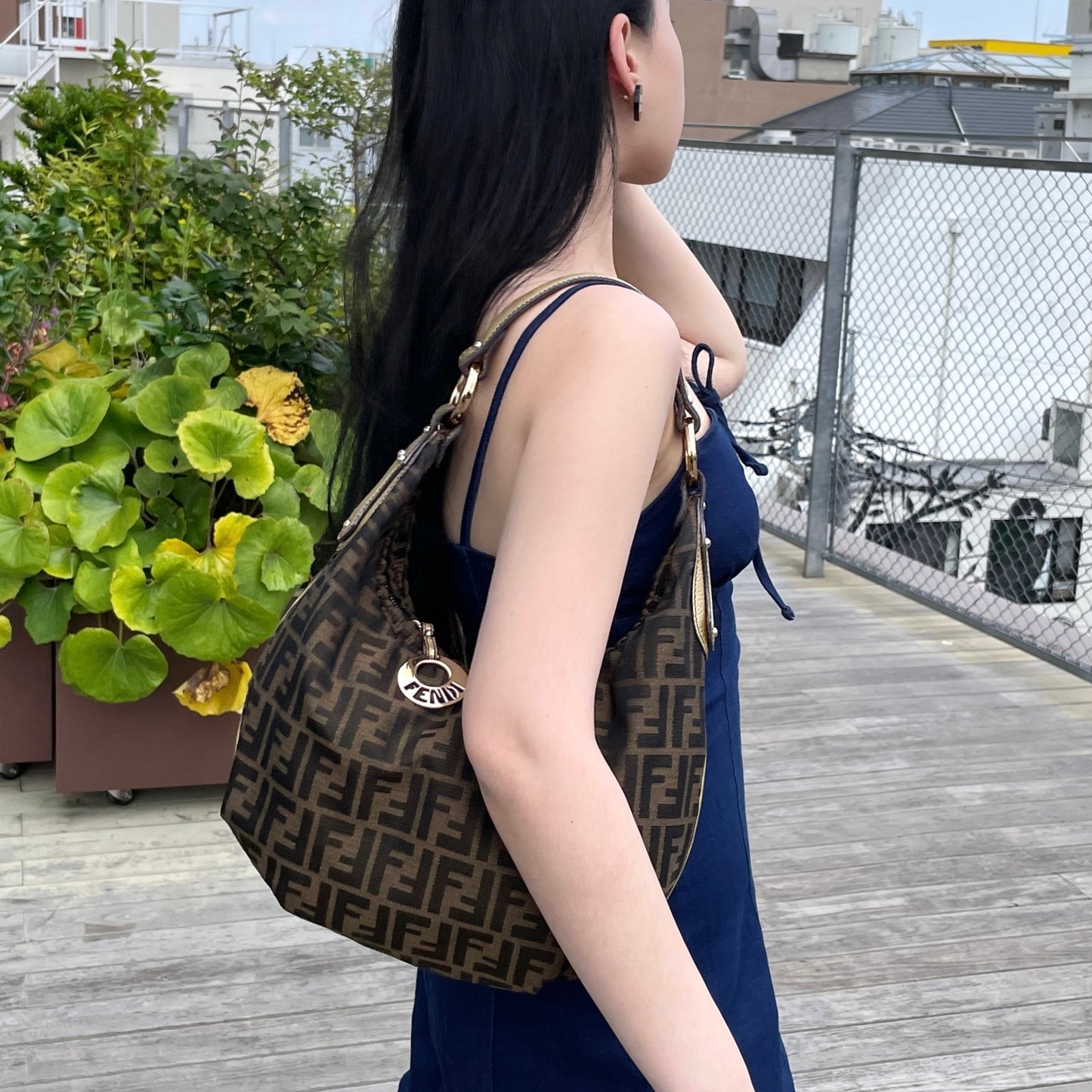 RARE★★★FENDI Zucca Canvas Chef Hobo Shoulder Bag Medium Brown Gold