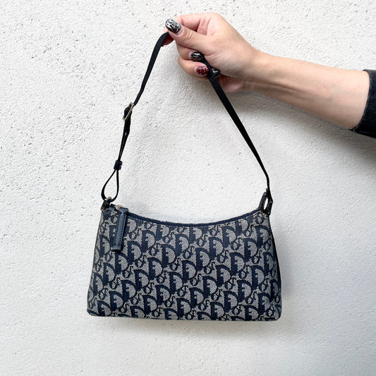 CHRISTIAN DIOR Trotter Canvas Accessories Pouch Hand Bag Navy Gray