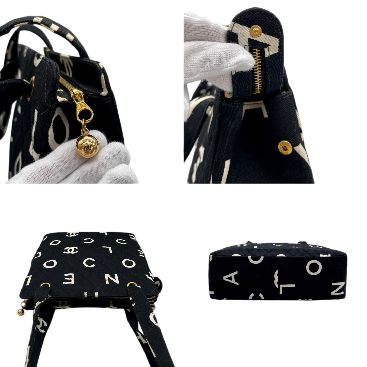 RARE☆☆☆☆CHANEL 1997 Matelassé Canvas Logos Graffiti Tote Shoulder bag Black & White