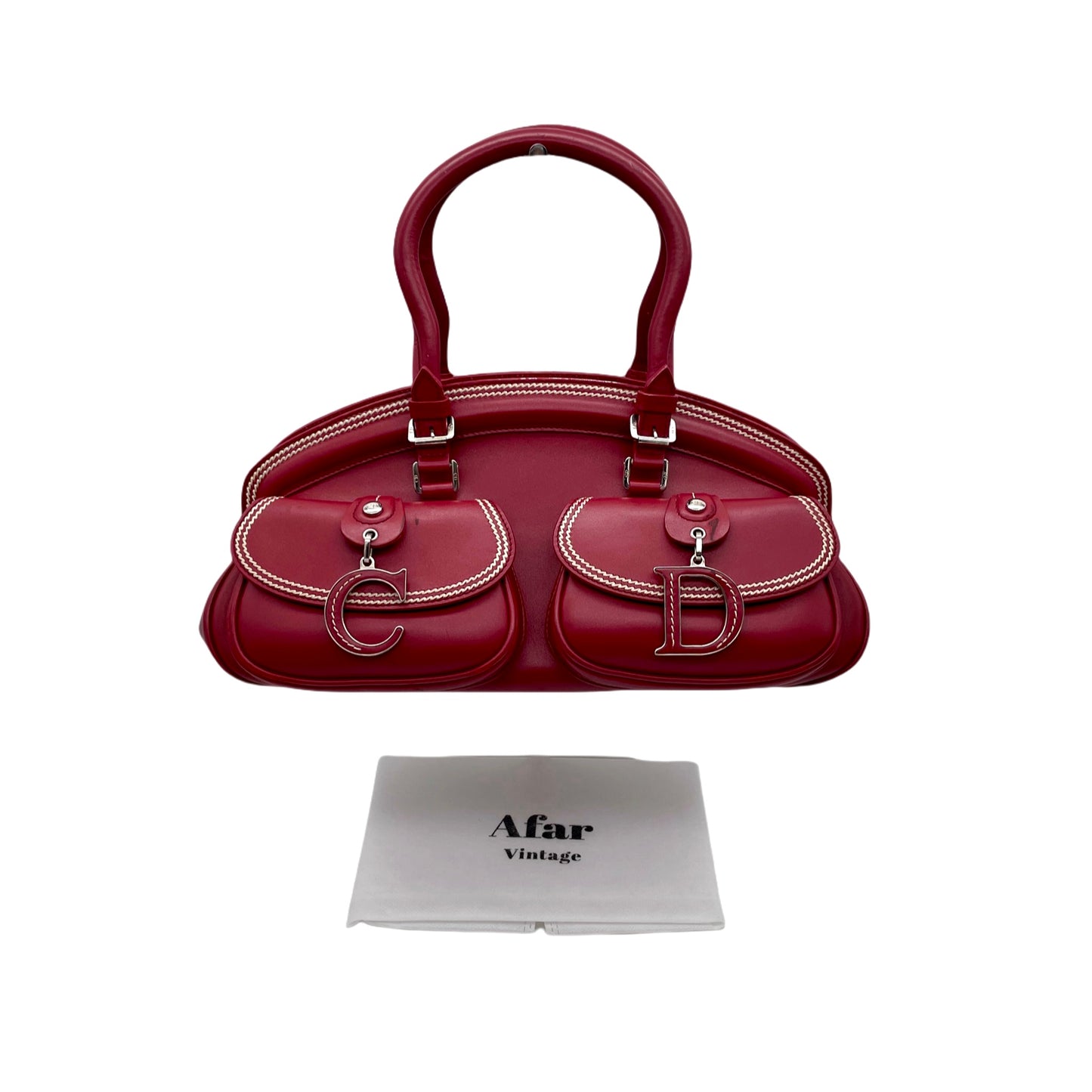 RARE☆☆☆☆CHRISTIAN DIOR 2005 FW Paris Leather CD Detective Satchel Hand Bag Red &amp; Silver