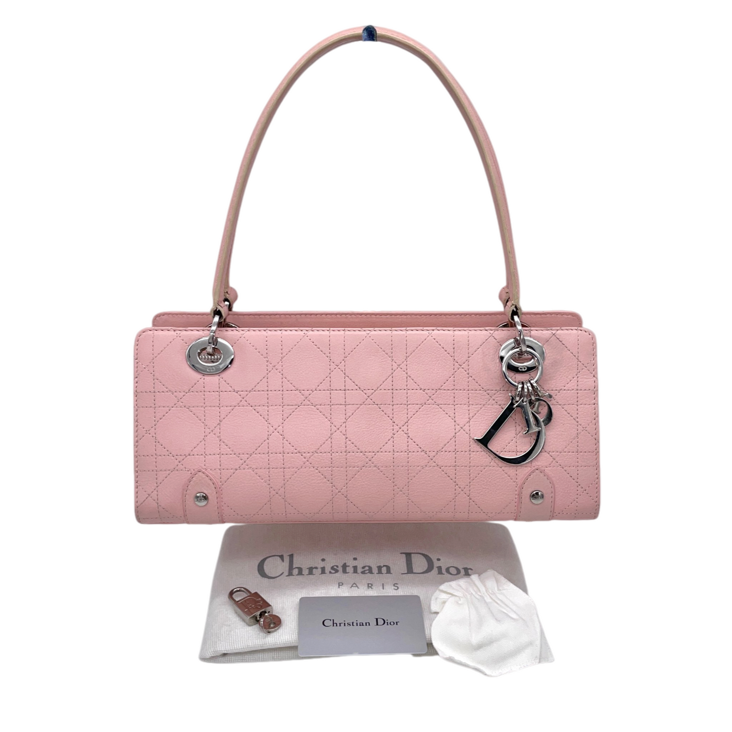 RARE★★★★CHRISTIAN DIOR 2004 Lady-Dior Cannage Leather Pendant Shoulder Bag Medium Pink & Silver
