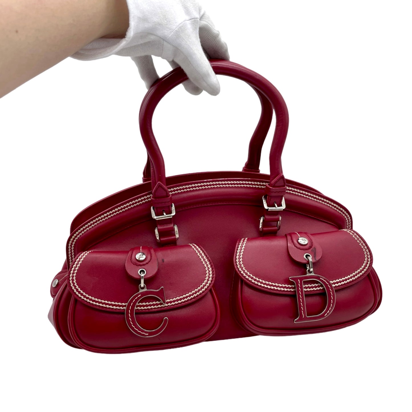 RARE☆☆☆☆CHRISTIAN DIOR 2005 FW Paris Leather CD Detective Satchel Hand Bag Red &amp; Silver