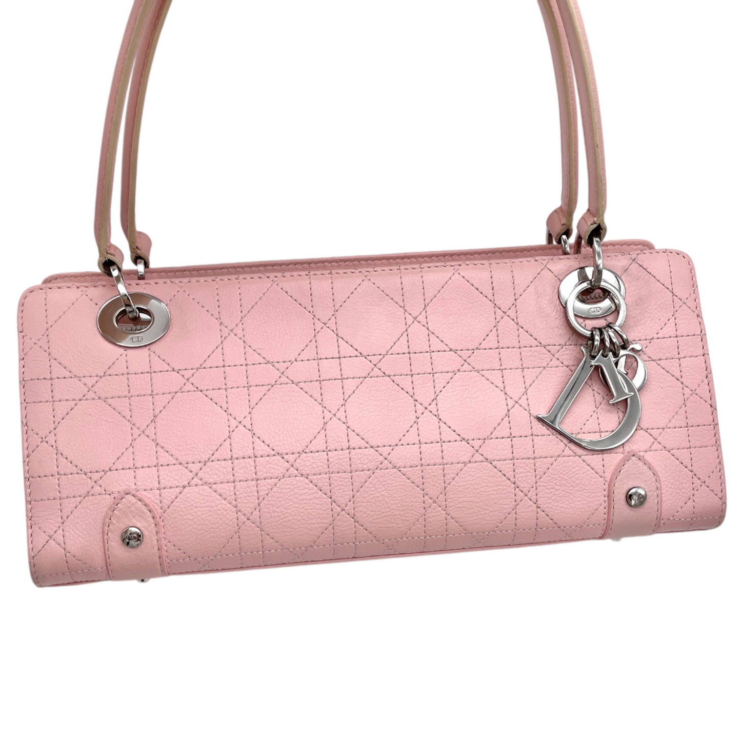 RARE★★★★CHRISTIAN DIOR 2004 Lady-Dior Cannage Leather Pendant Shoulder Bag Medium Pink & Silver