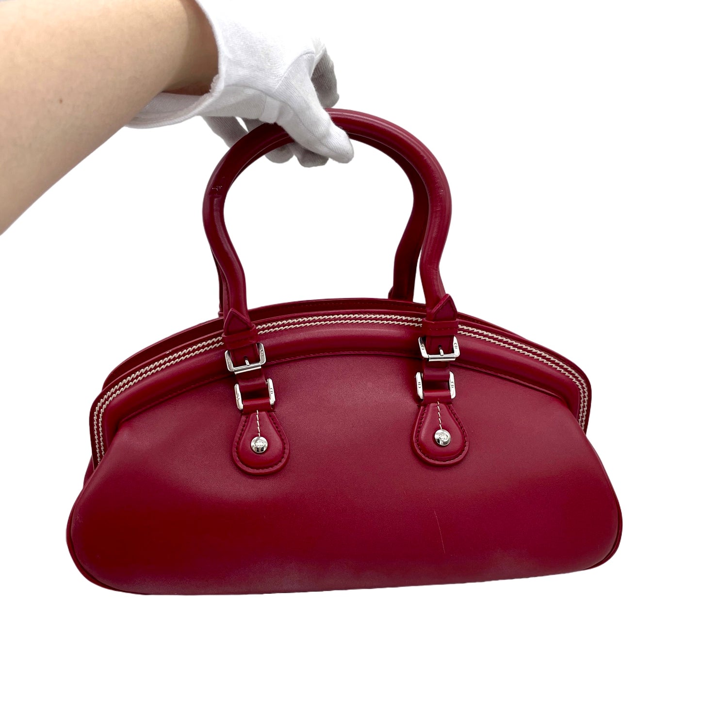 RARE☆☆☆☆CHRISTIAN DIOR 2005 FW Paris Leather CD Detective Satchel Hand Bag Red &amp; Silver