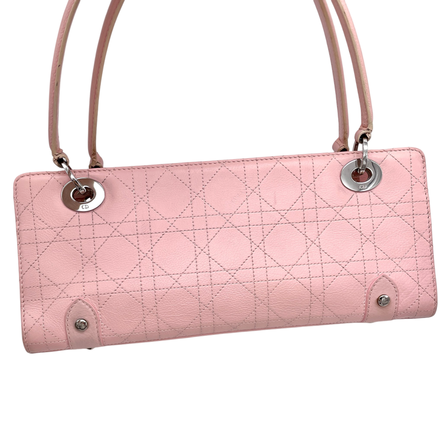 RARE★★★★CHRISTIAN DIOR 2004 Lady-Dior Cannage Leather Pendant Shoulder Bag Medium Pink & Silver