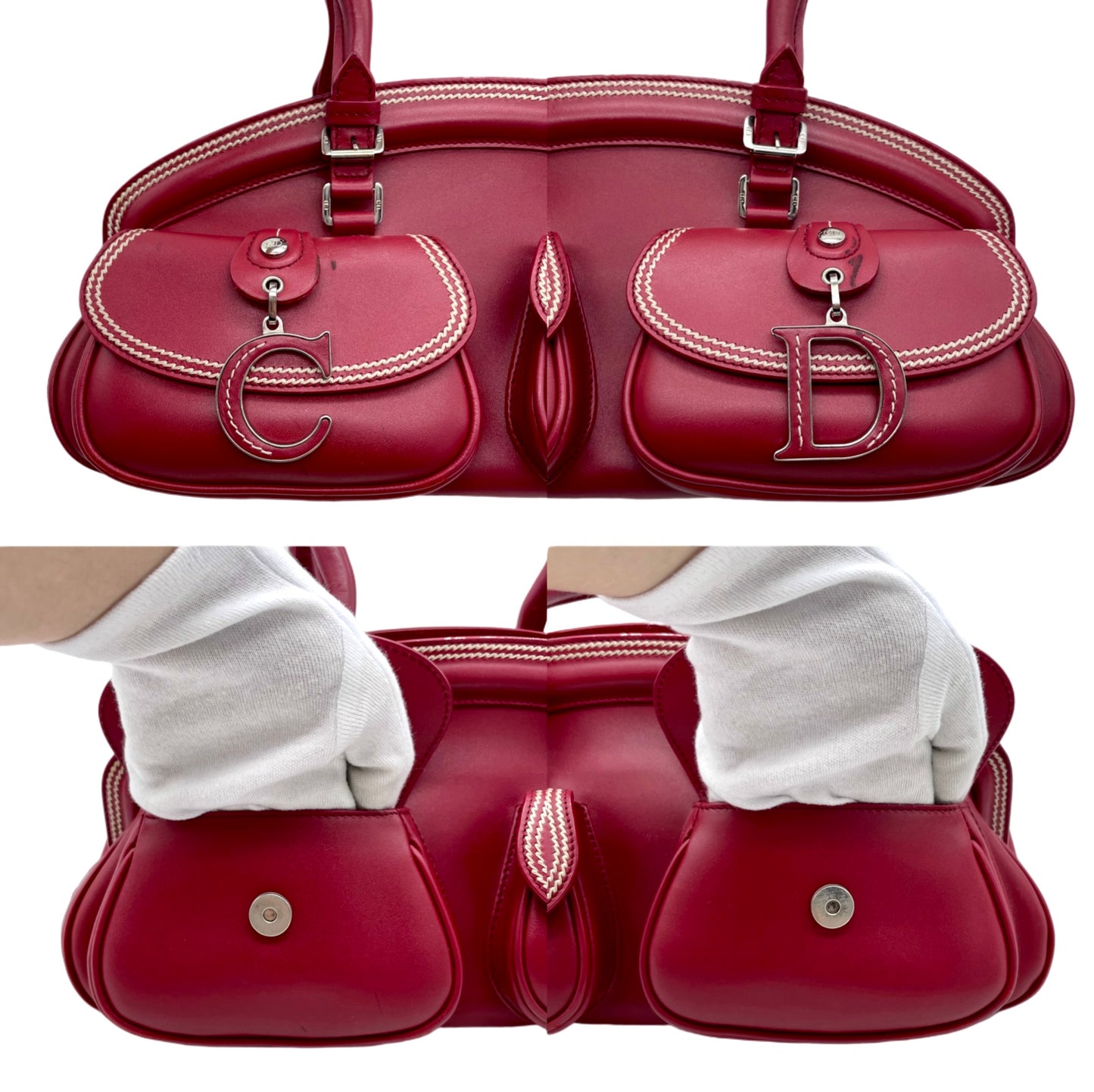 RARE☆☆☆☆CHRISTIAN DIOR 2005 FW Paris Leather CD Detective Satchel Hand Bag Red &amp; Silver