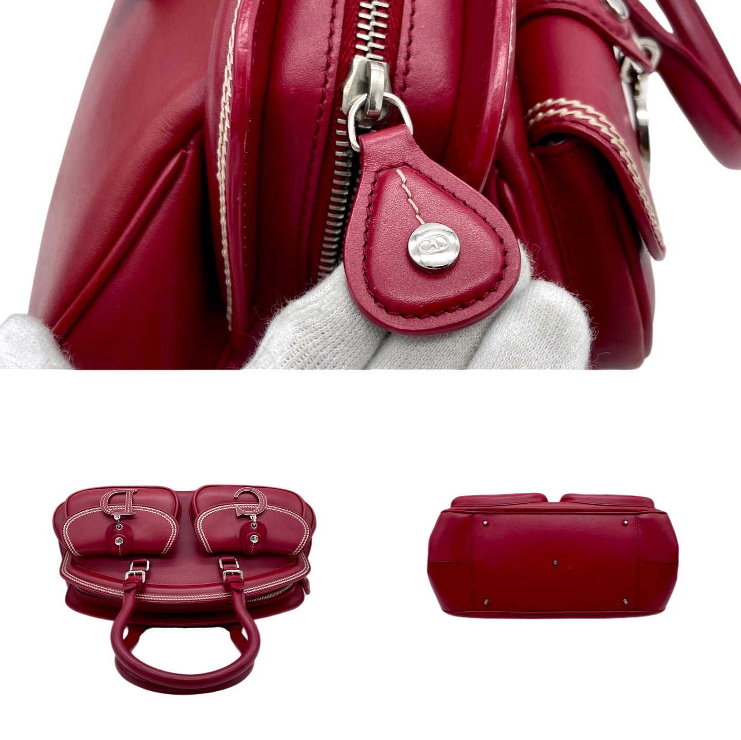 RARE☆☆☆☆CHRISTIAN DIOR 2005 FW Paris Leather CD Detective Satchel Hand Bag Red &amp; Silver