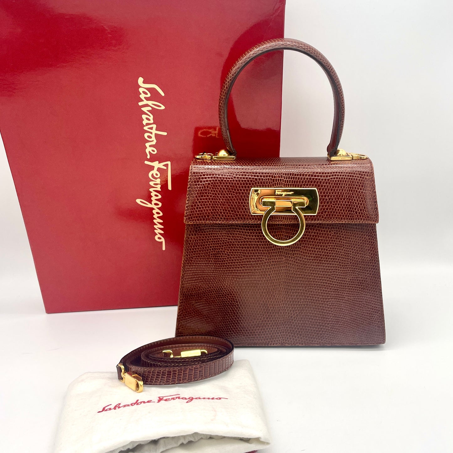 RARE☆☆☆Salvatore Ferragamo Gancini Lizard Skin Leather Kelly Style 2 Way Handbag Brown GHW