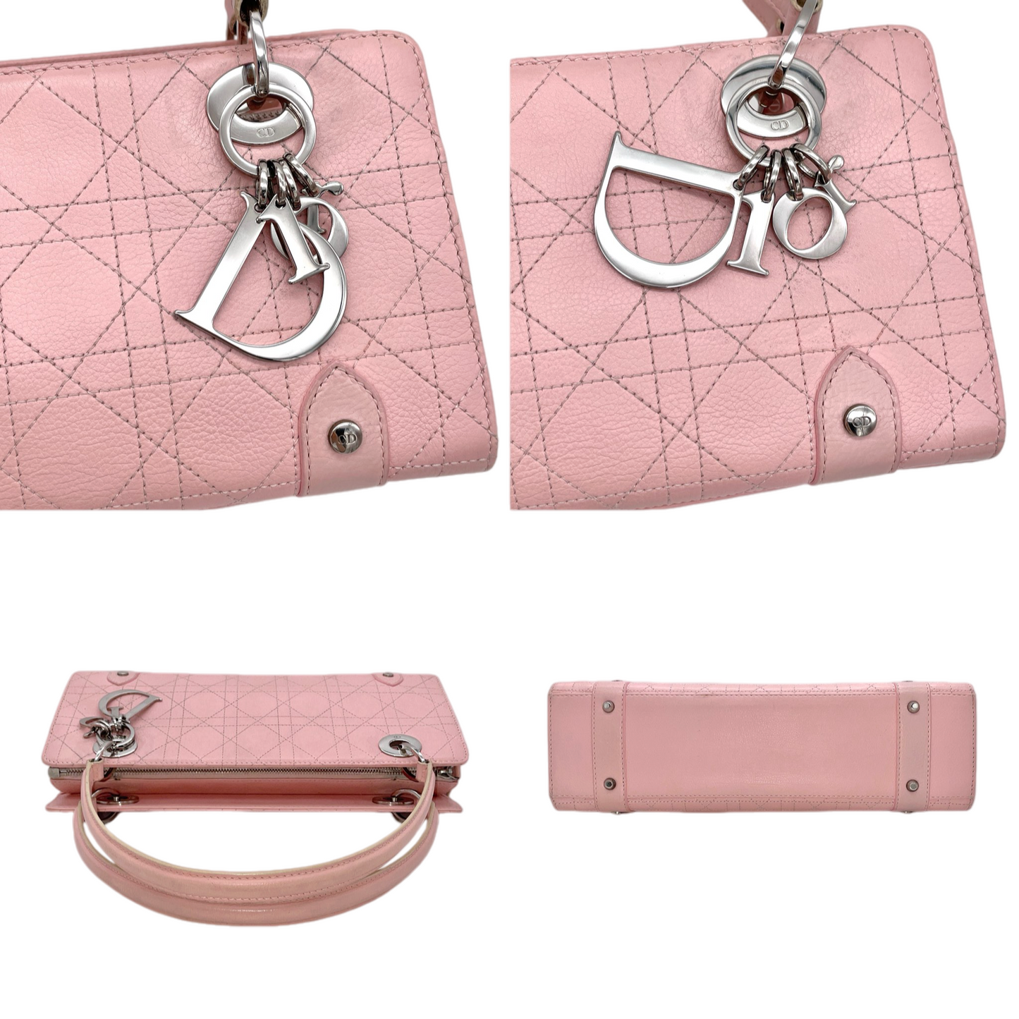 RARE★★★★CHRISTIAN DIOR 2004 Lady-Dior Cannage Leather Pendant Shoulder Bag Medium Pink & Silver