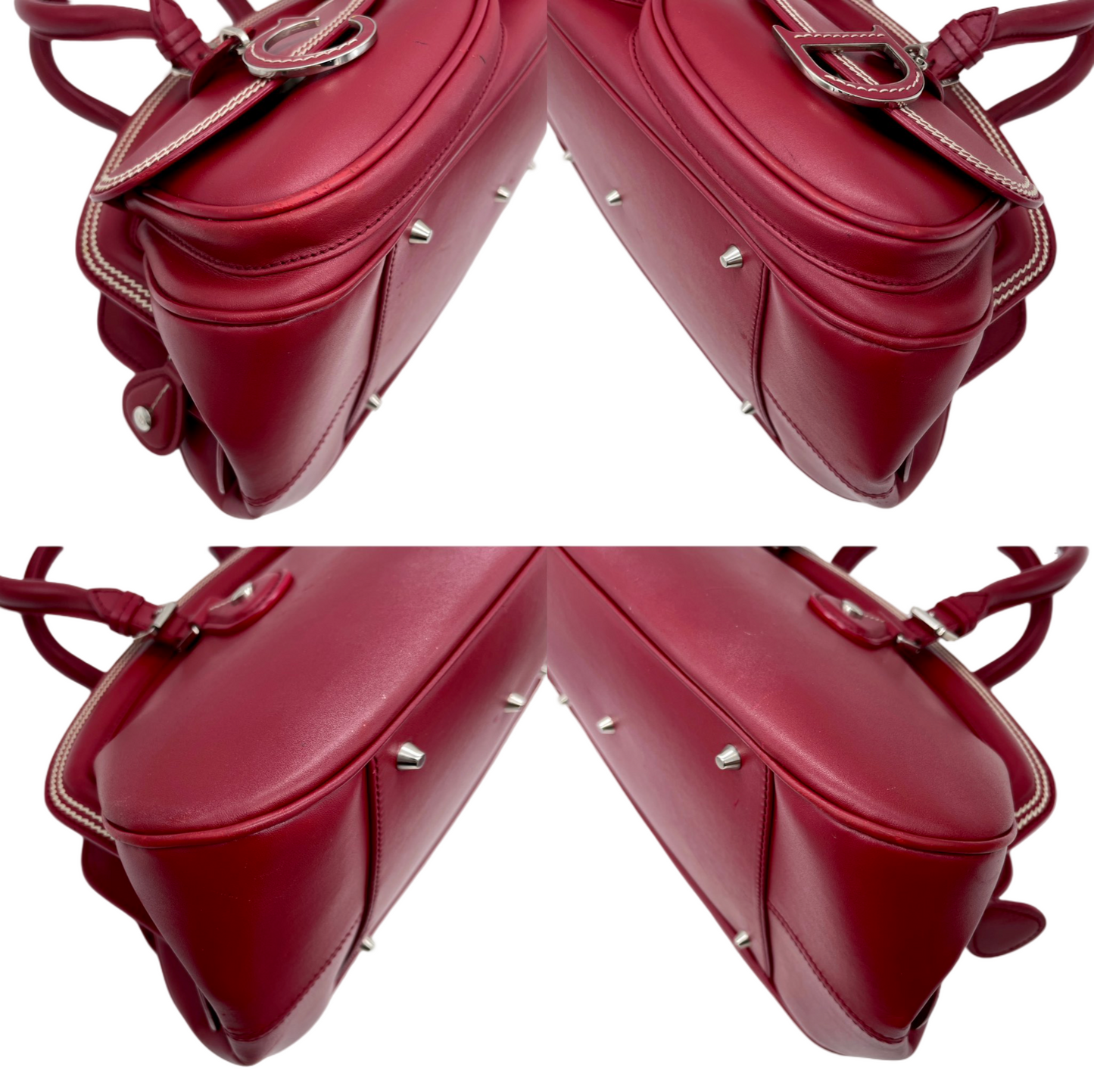 RARE☆☆☆☆CHRISTIAN DIOR 2005 FW Paris Leather CD Detective Satchel Hand Bag Red &amp; Silver