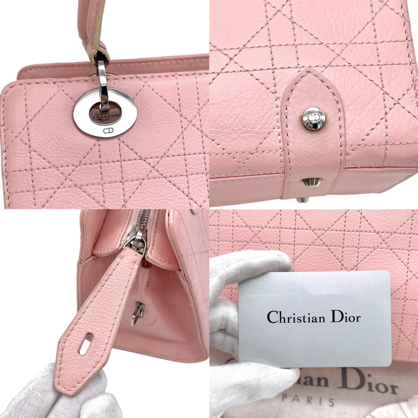 RARE★★★★CHRISTIAN DIOR 2004 Lady-Dior Cannage Leather Pendant Shoulder Bag Medium Pink & Silver