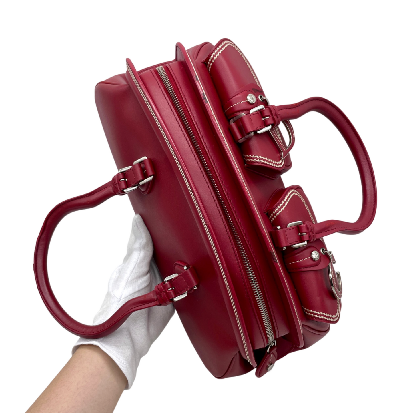 RARE☆☆☆☆CHRISTIAN DIOR 2005 FW Paris Leather CD Detective Satchel Hand Bag Red &amp; Silver