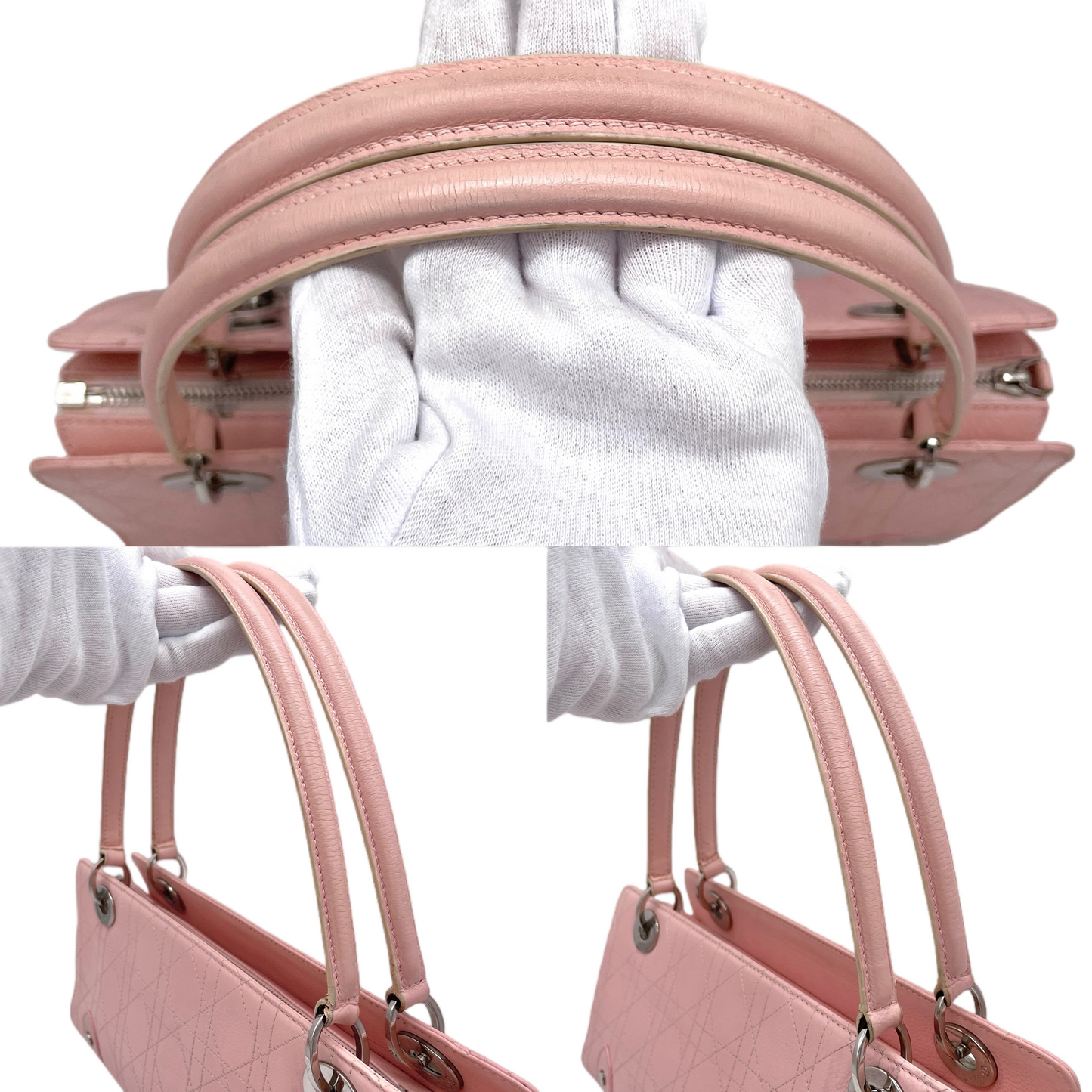 RARE★★★★CHRISTIAN DIOR 2004 Lady-Dior Cannage Leather Pendant Shoulder Bag Medium Pink & Silver