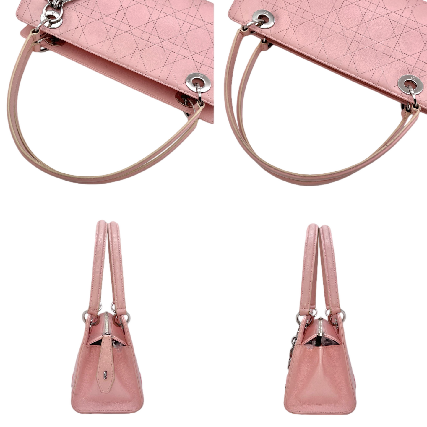 RARE★★★★CHRISTIAN DIOR 2004 Lady-Dior Cannage Leather Pendant Shoulder Bag Medium Pink & Silver