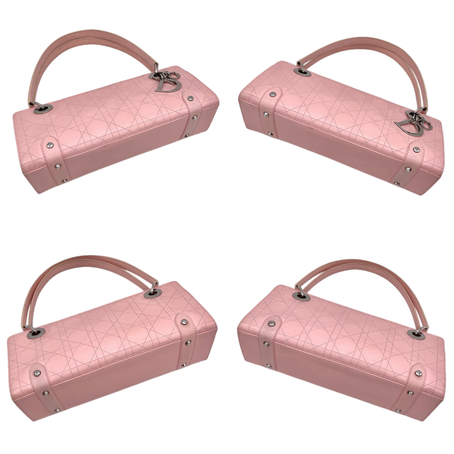 RARE★★★★CHRISTIAN DIOR 2004 Lady-Dior Cannage Leather Pendant Shoulder Bag Medium Pink & Silver