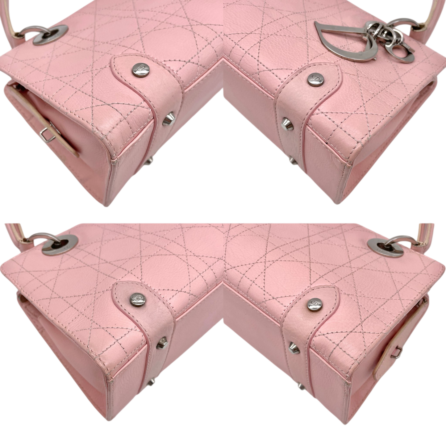 RARE★★★★CHRISTIAN DIOR 2004 Lady-Dior Cannage Leather Pendant Shoulder Bag Medium Pink & Silver