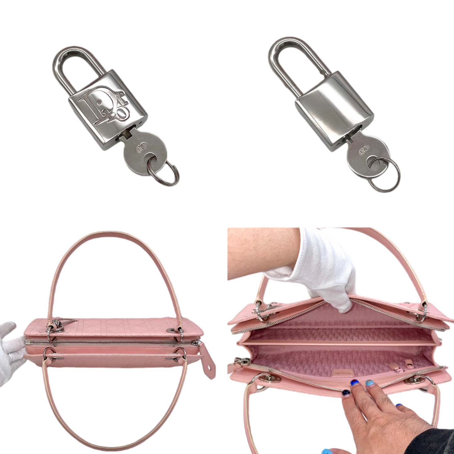 RARE★★★★CHRISTIAN DIOR 2004 Lady-Dior Cannage Leather Pendant Shoulder Bag Medium Pink & Silver