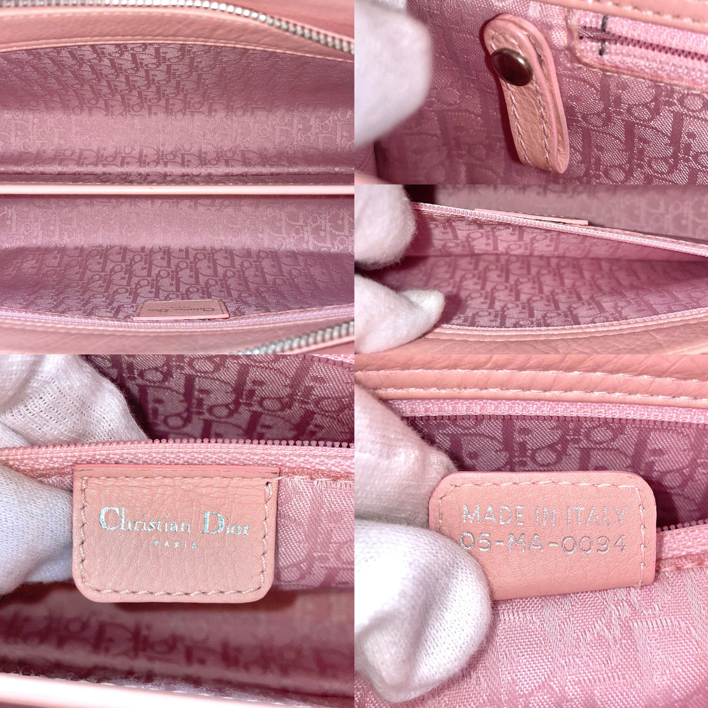 RARE★★★★CHRISTIAN DIOR 2004 Lady-Dior Cannage Leather Pendant Shoulder Bag Medium Pink & Silver