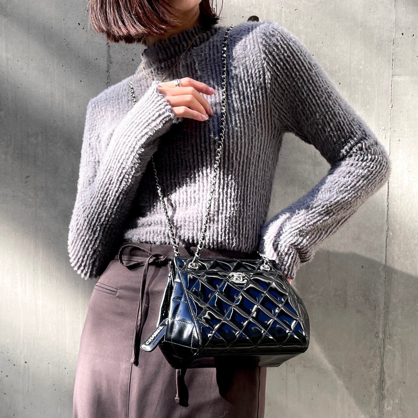 RARE★★★CHANEL 1997 Matelassé Enamel CC Logo Double-Chain Shoulder Crossbody Bag Mini Black & Silver