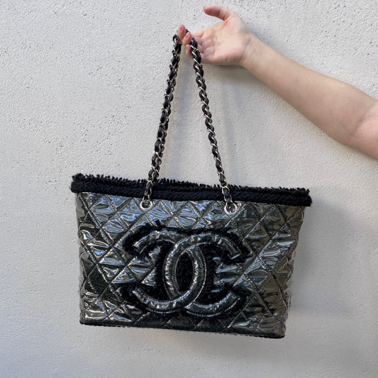 RARE☆☆☆CHANEL Matelasse Jumbo Coco Mark Fleece PVC Chain Shoulder Tote Bag