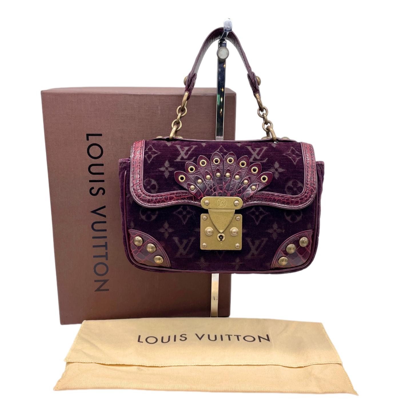 RARE★★★★★LOUIS VUITTON 2004 FW Monogram Velours Velvet & Crocodile Leather Alligator Gracie Top Handle Bag Small Purple/Gold