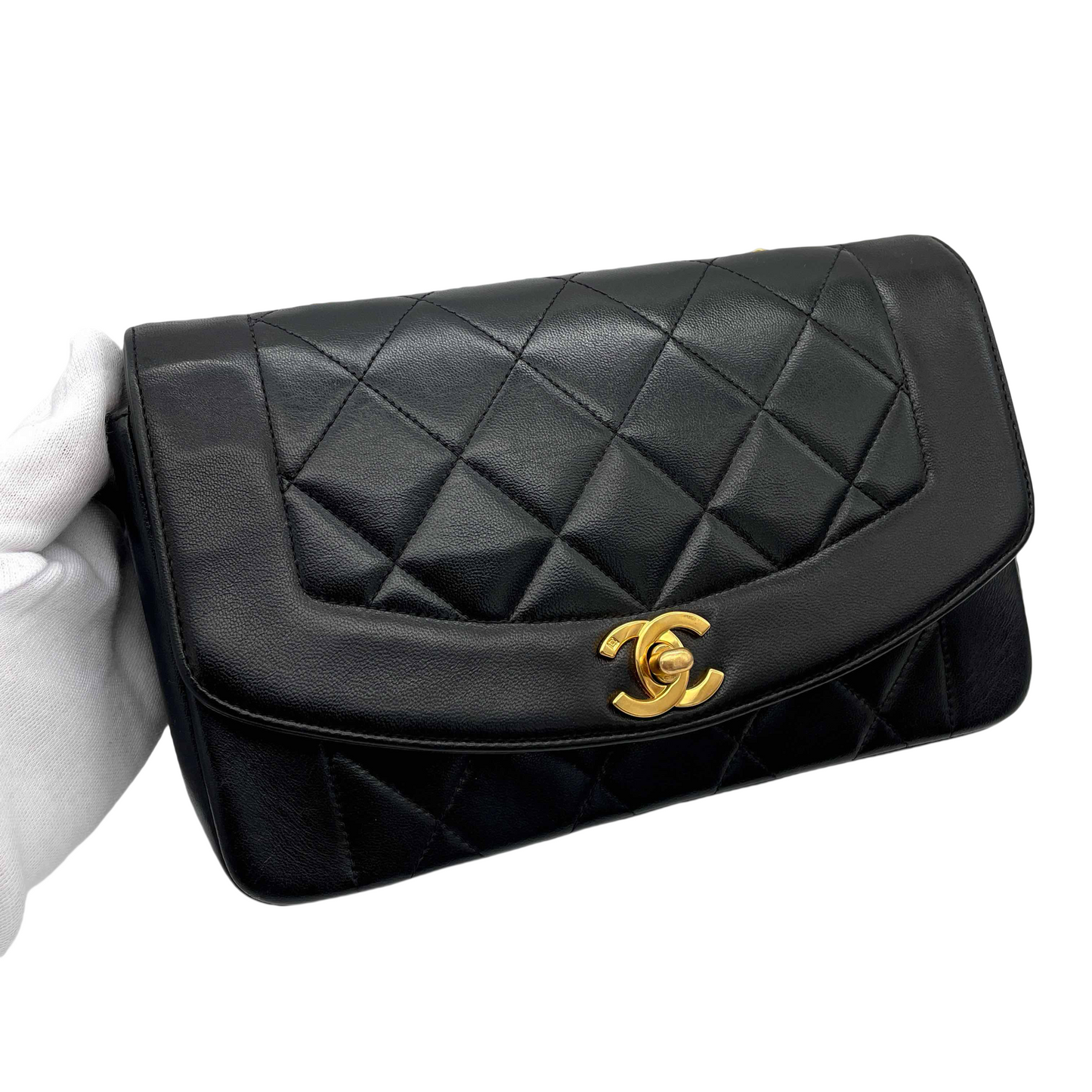 CHANEL Diana 22cm Matraceram Skin Chain Shoulder Flap Bag Black x Gold