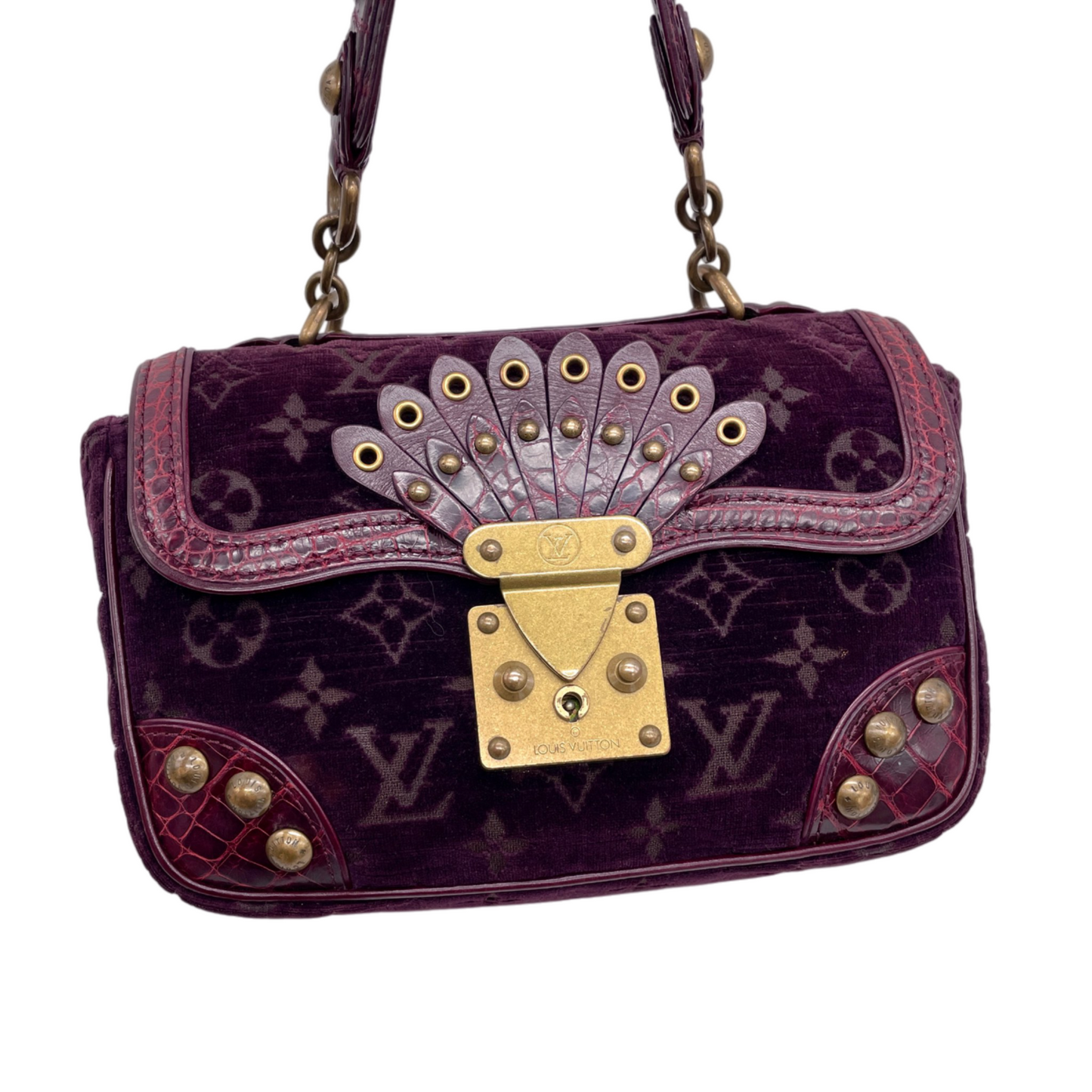 RARE★★★★★LOUIS VUITTON 2004 FW Monogram Velours Velvet & Crocodile Leather Alligator Gracie Top Handle Bag Small Purple/Gold
