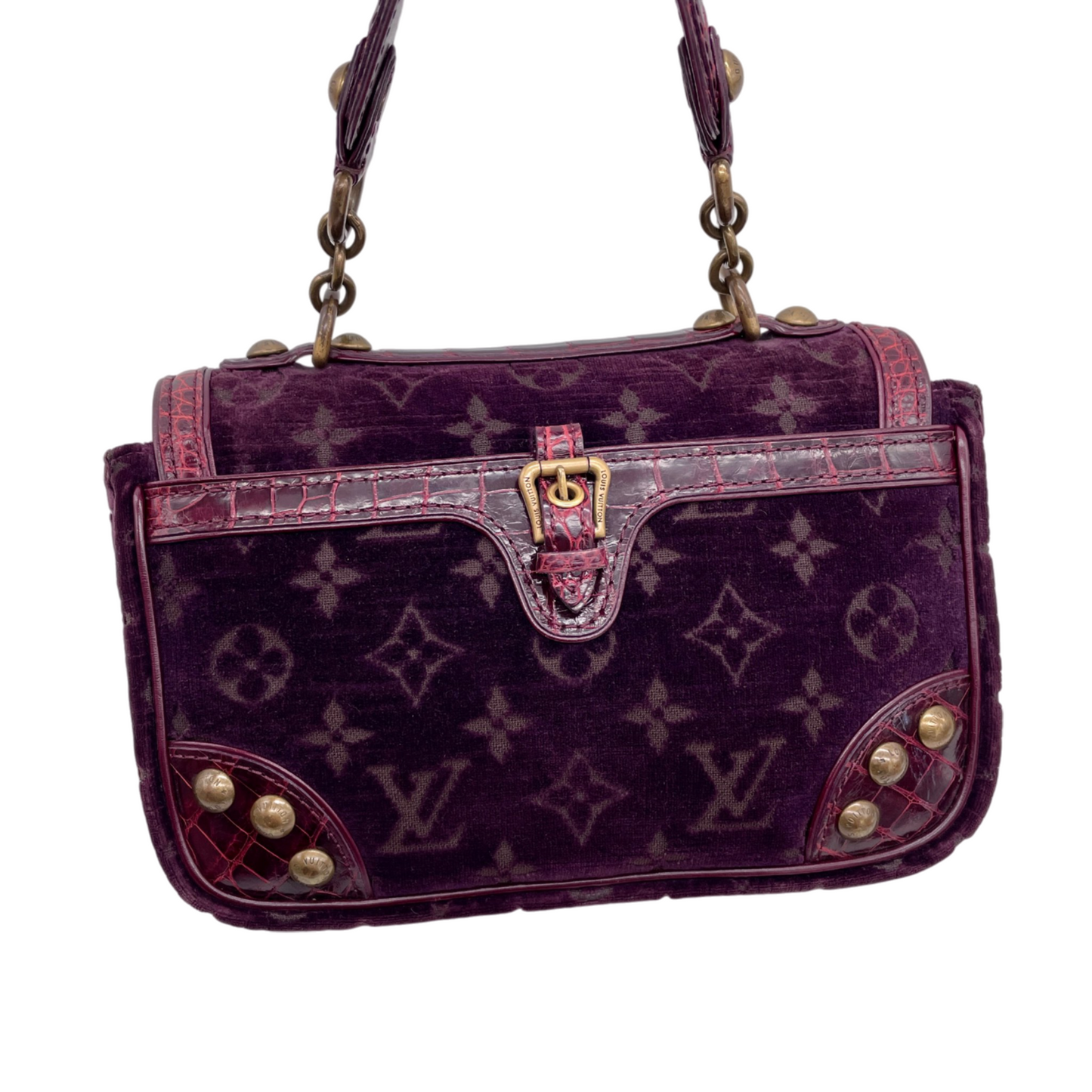 RARE★★★★★LOUIS VUITTON 2004 FW Monogram Velours Velvet & Crocodile Leather Alligator Gracie Top Handle Bag Small Purple/Gold