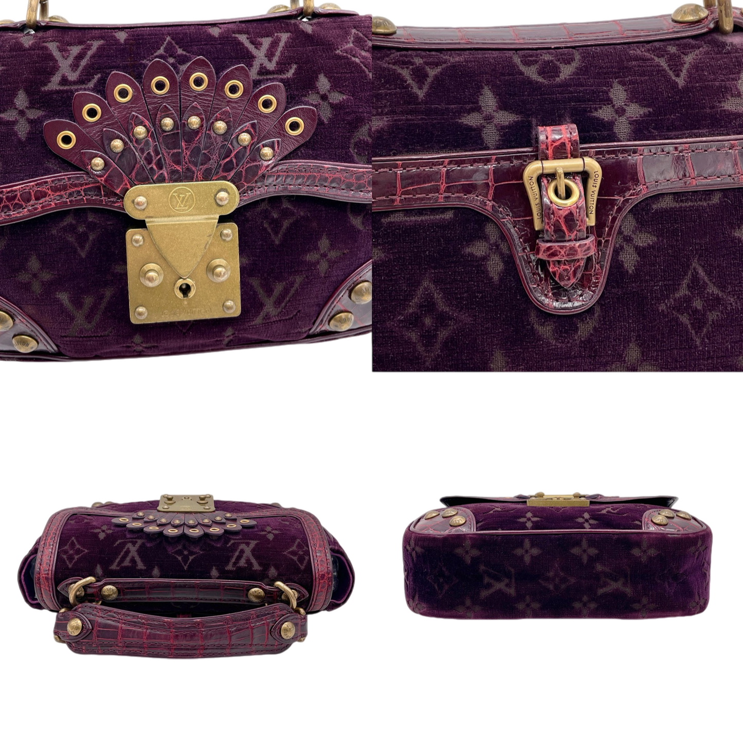 RARE★★★★★LOUIS VUITTON 2004 FW Monogram Velours Velvet & Crocodile Leather Alligator Gracie Top Handle Bag Small Purple/Gold