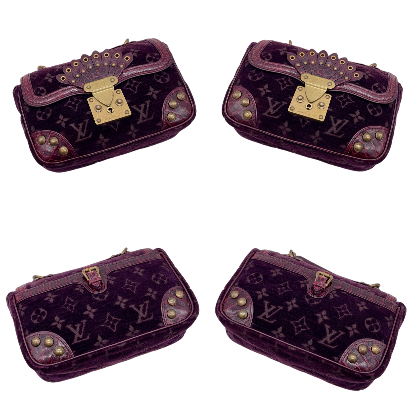 RARE★★★★★LOUIS VUITTON 2004 FW Monogram Velours Velvet & Crocodile Leather Alligator Gracie Top Handle Bag Small Purple/Gold