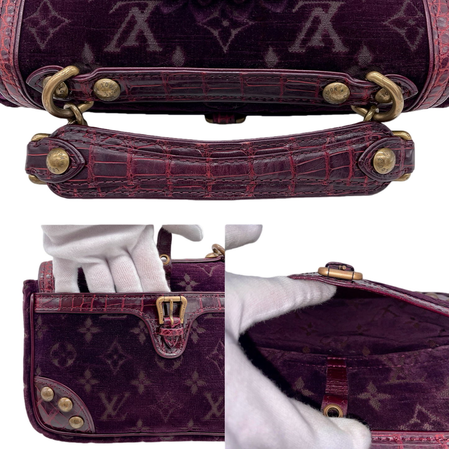 RARE★★★★★LOUIS VUITTON 2004 FW Monogram Velours Velvet & Crocodile Leather Alligator Gracie Top Handle Bag Small Purple/Gold