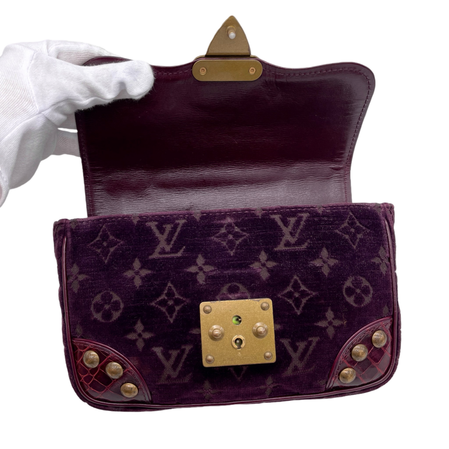 RARE★★★★★LOUIS VUITTON 2004 FW Monogram Velours Velvet & Crocodile Leather Alligator Gracie Top Handle Bag Small Purple/Gold