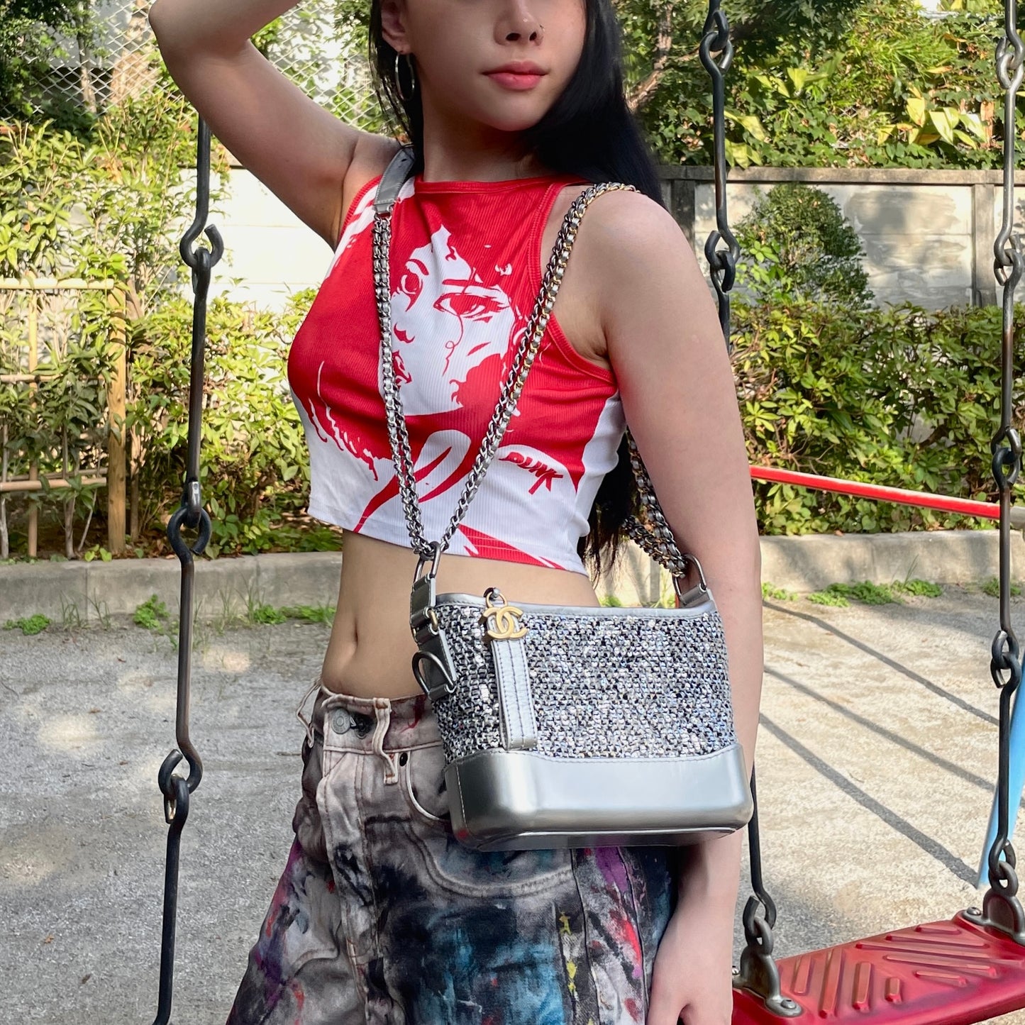 RARE★★★★CHANEL 2021~ Gabrielle Chanel Sequined Leather Double Chain Strap Hobo Crossbody Bag Mini Silver Gold